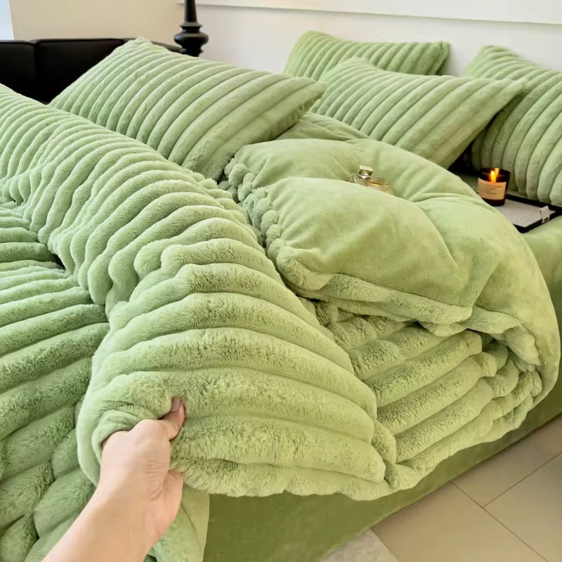 Vista Home | Thickened Fleece Bedding Set - 4 Piece Soft Ruffled Lace Duvet Cover, Sheet & Pillowcases - All-Season Modern Princess Style - 300TC Breathable Warmth