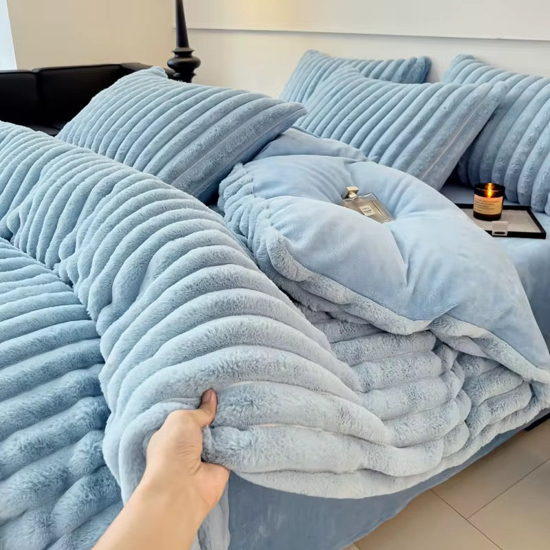 Vista Home | Thickened Fleece Bedding Set - 4 Piece Soft Ruffled Lace Duvet Cover, Sheet & Pillowcases - All-Season Modern Princess Style - 300TC Breathable Warmth