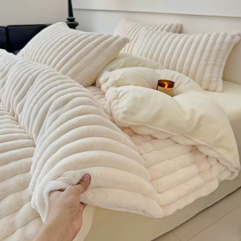 Vista Home | Thickened Fleece Bedding Set - 4 Piece Soft Ruffled Lace Duvet Cover, Sheet & Pillowcases - All-Season Modern Princess Style - 300TC Breathable Warmth