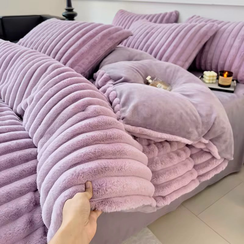 Vista Home | Thickened Fleece Bedding Set - 4 Piece Soft Ruffled Lace Duvet Cover, Sheet & Pillowcases - All-Season Modern Princess Style - 300TC Breathable Warmth