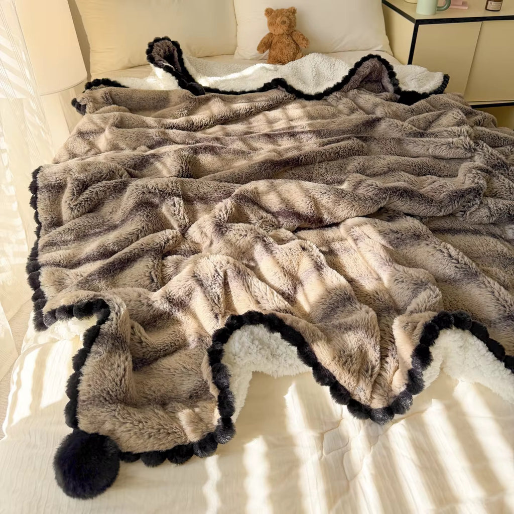 Vista Home | Fluffy Rabbit Faux Fur Blanket - Black & Grey Bubble Texture Throw, Soft Thick Plush Minky Reversible Cozy Blanket for Couch Bed