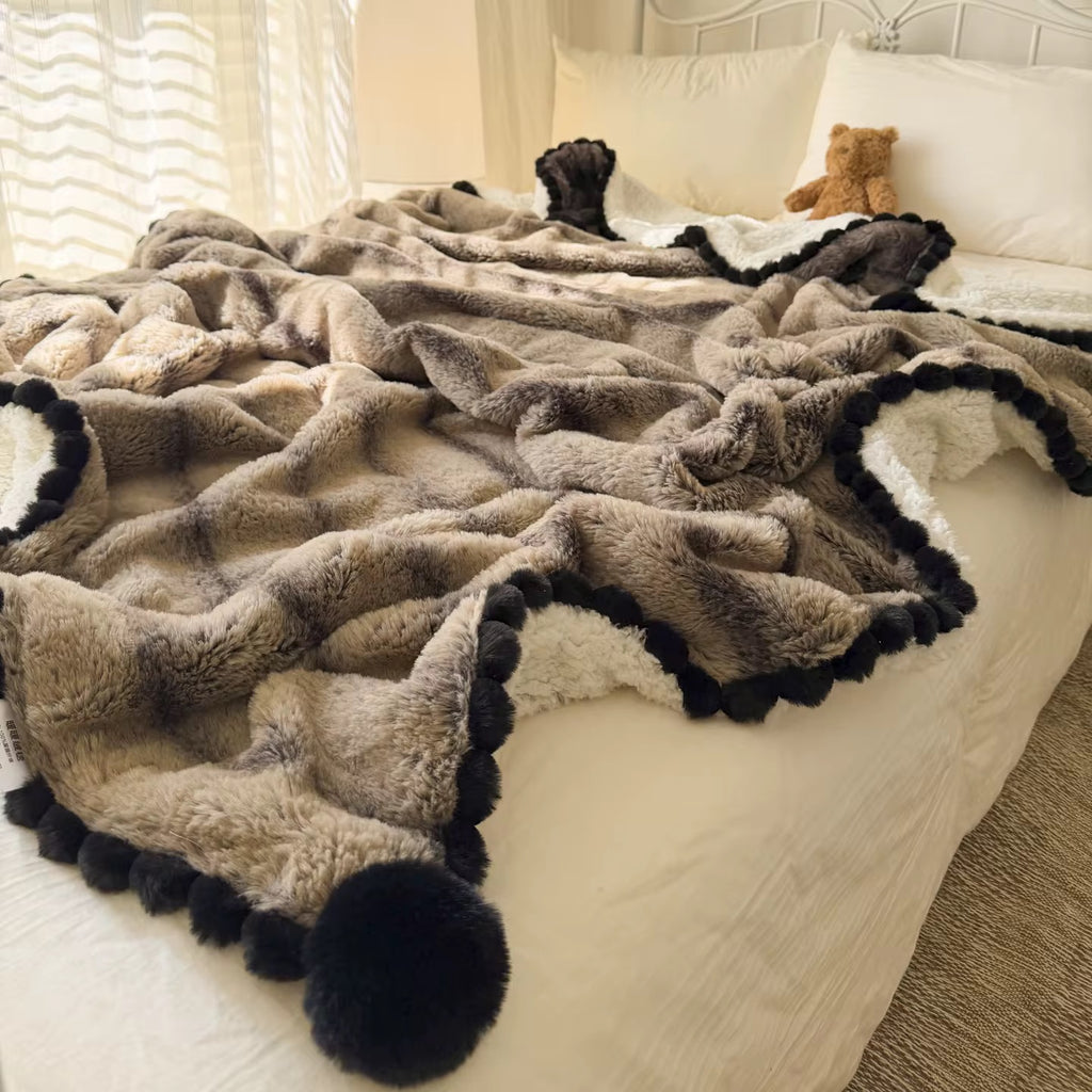 Vista Home | Fluffy Rabbit Faux Fur Blanket - Black & Grey Bubble Texture Throw, Soft Thick Plush Minky Reversible Cozy Blanket for Couch Bed