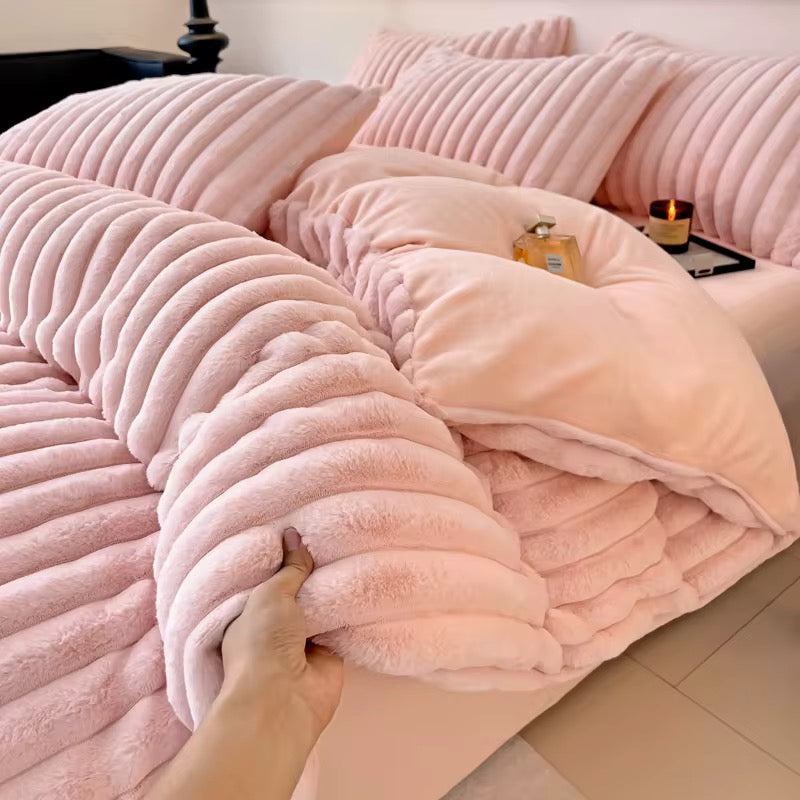 Vista Home | Thickened Fleece Bedding Set - 4 Piece Soft Ruffled Lace Duvet Cover, Sheet & Pillowcases - All-Season Modern Princess Style - 300TC Breathable Warmth
